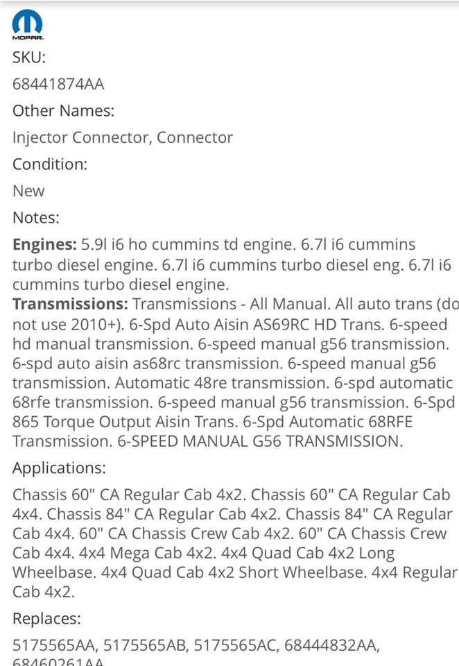 Kit de tubo inyector de combustible diésel Mopar genuino OEM 68441874AA Ram 2500/3500 Foto 3 de 4
