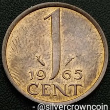Netherlands 🇳🇱 1 Cent 1965 Fish mint mark. KM#180. One Penny coin. Juliana.