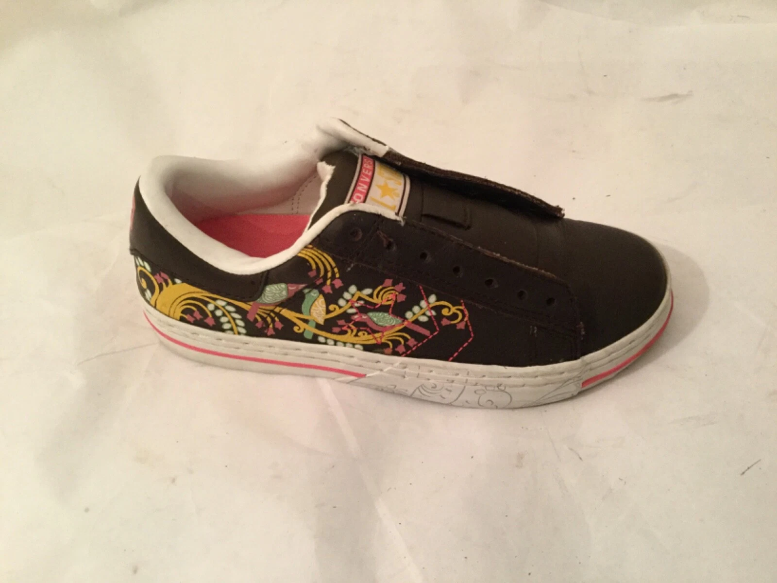 Scarpe sneakers basse stringate Converse donna 6 37 pelle marrone uccellino floreale