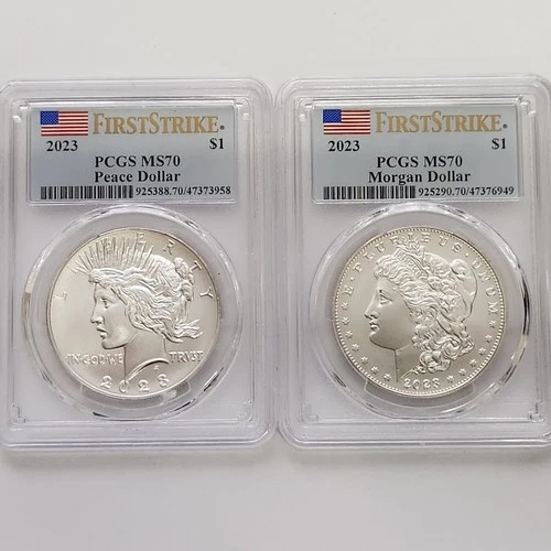 2023 $1 Morgan and Peace Silver Dollar 2pc Set PCGS MS70 First Strike