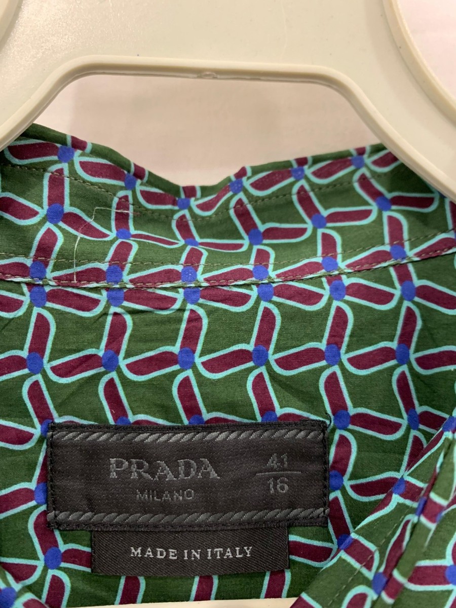 Prada Milano Geometric Print Shirt Green Cotton Button Up Italy Sz