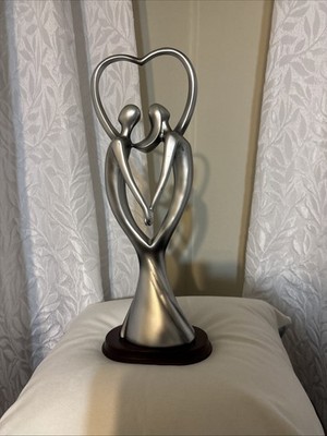 Silver Man and Woman Figures With A Heart Statue 15  Tall On 5  Wooden Base