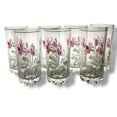 Vtg Cerve Italy Devalbor 7 Tumbler Highball Glasses Purple Iris Pattern MCM