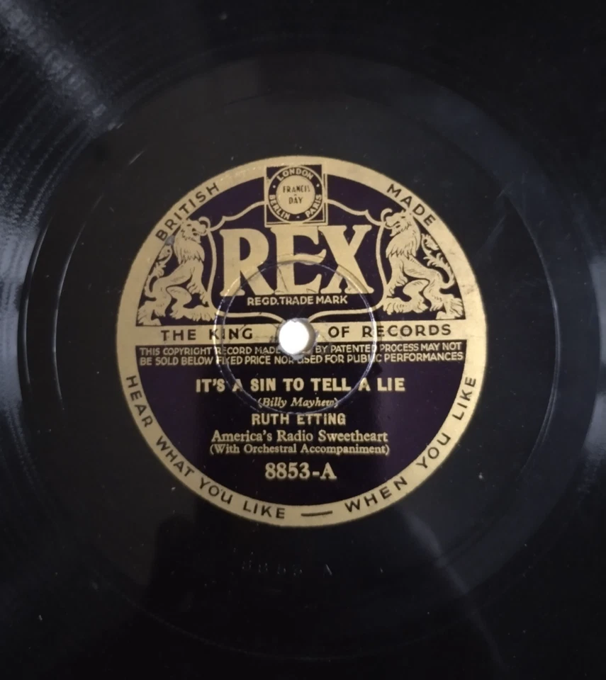 RUTH ETTING It's A Sin To Tell A Lie / Take My Heart UK Rex 78 record 1936 8853 - Image 2 of 3