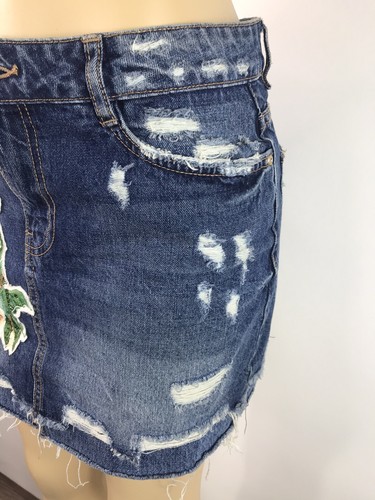 Zara Trafaluc Denimwear Jean Skirt Distressed Ripped Sequin Flower Patches Sz L - Picture 9 of 13