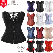 Women Laced Up Boned Brocade Overbust Corsets Bustier Top Waist Training Shapers