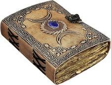 Leather Journal Lapis Stone Crystal Triple Moon Book of Shadow Deckle Edge Paper