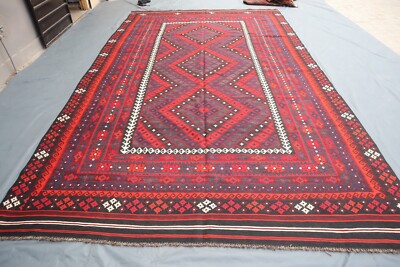 1980s Afghan 8'6x14'2 ft Traditional Flatweave Rug, Geometric Dining Room Rug