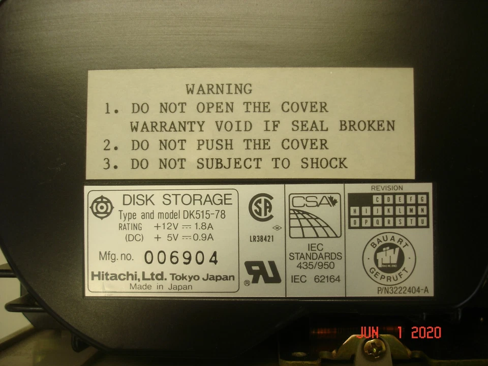 DK515-78 HITACHI 780MB 5.25" FULL HEIGHT ESDI HARD DRIVE PART# 3222404-A . - Image 2 of 4