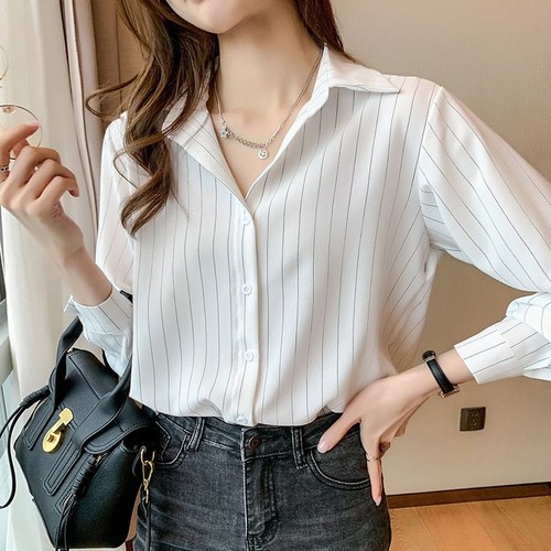 Camicia Donna Elegante A Righe Enmain - Manica Lunga, Cotone, Taglie S-4XL, Per Ufficio E Casual