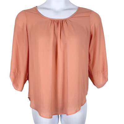 Francescas Size Small Blouse 3/4 Roll Tab Sleeve Semi Sheer Pink Peach Shirt 