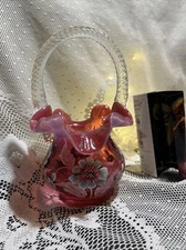 Fenton Gold Treasures Cranberry Basket Art Glass Hand Painted Flowers 100 Yrs