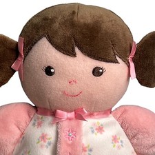 Baby Starters Soft Plush Doll Rattle Pink Flowers Brown Hair Eyes Pigtails 9"