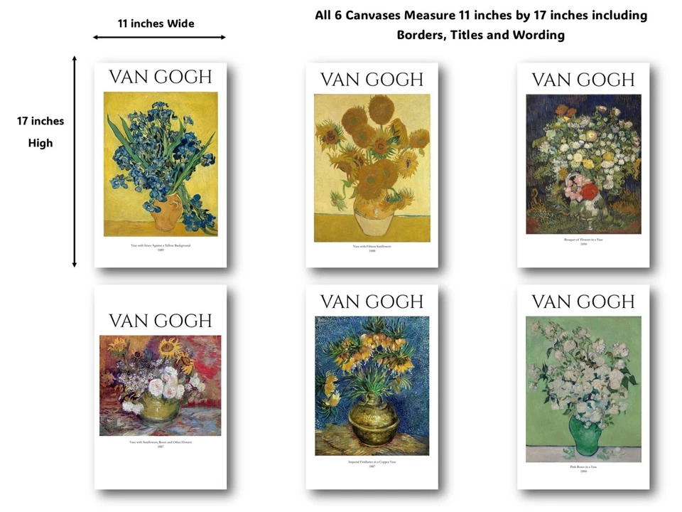 Juego de 6 arte de pared en lienzo Van Gogh de 11x17 pulgadas de grosor - decoración con impresión de pintura floral Foto 2 de 4