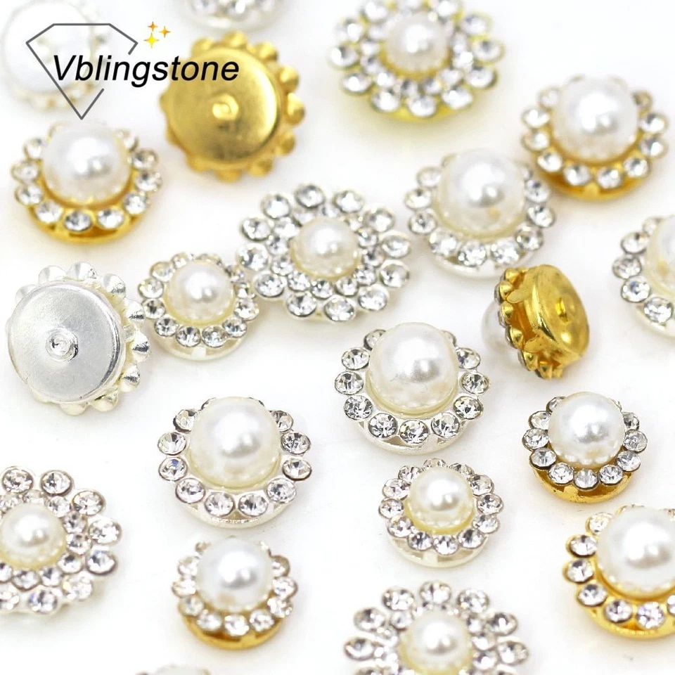 Glitter Crystal Pearl Button 20pcs Flat Back Flower Rhinestone Buttons Dress Kit - Image 2 of 4