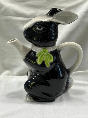 Vintage Tony Wood Rabbit Teekanne - schwarz mit grüner Schleife