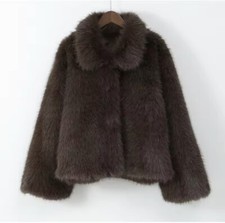 Brown Faux Fur Long Hair Collared  Short Jacket Coat