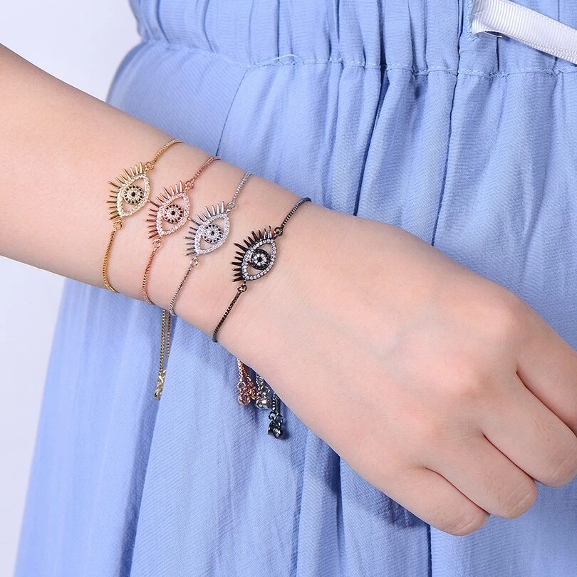 Evil Eye Rose Gold Plated Blue Round Cubic Zirconia Thin Adjustable Bracelet - Image 3 of 4