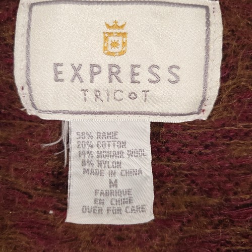 Vtg Express Tricot Knit Mohair Wool Blend Sweater Women's Medium Burgundy Beige - Picture 12 of 13