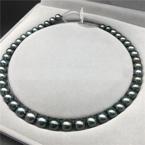 HUGE 18"8-12MM NATURAL TAHITIAN GENUINE BLACK ROUND PEARL NECKLACE 328AAA