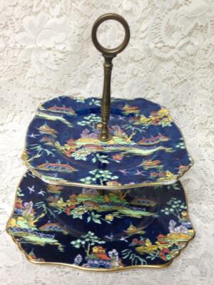 Vintage, Royal Winton, Variant Gaudy Blue Willow  2-tier Tidbits Tray 9in & 7in
