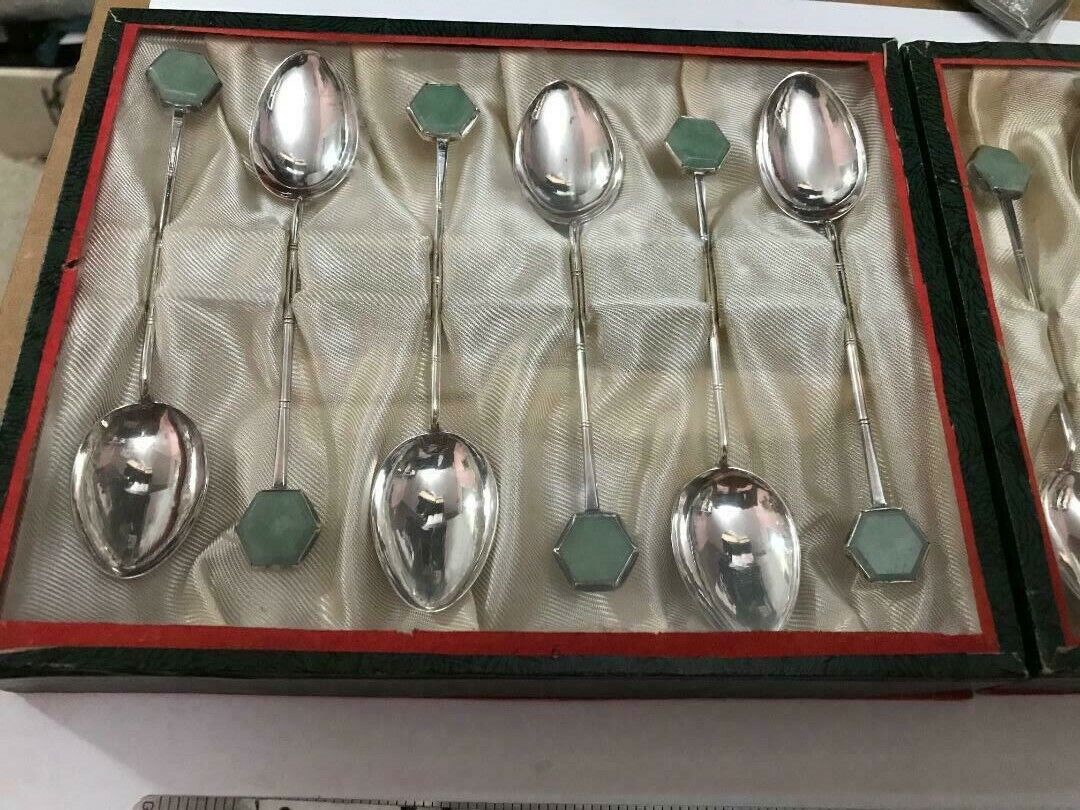 Antique Sterling Chinese Export Silver Jade Hong Kong Bamboo Spoons  12
