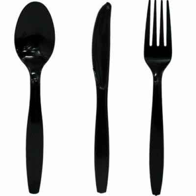 300 x Schwarz Kunststoff Schwerlast Besteck Set Gabel Messer Löffel Party/ Hochwertig