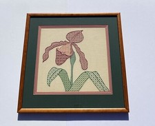 Framed Matted Counted Cross Stitch Embroidery  IRIS Floral Mid Century Vintage