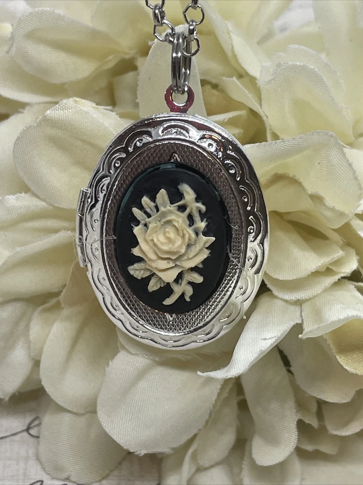 Medallón Camafeo Día de la Madre Rosa Crema NEGRO Plata Pascua GÓTICO Regalo Boda nuevo Foto 3 de 4