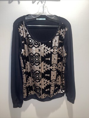 Maurice s Women's Sequin Aztec Pullover Sweater Black Gold Size L Christmas