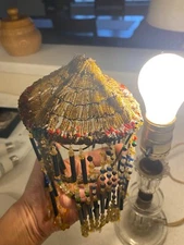 2 Beaded Lampshades to Restore with Glass Base-Antique Micro Seed Beads 1920's