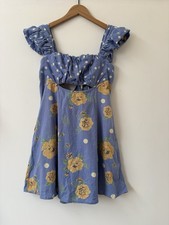 Free People Mini Dress BNWT Small Gathered Cut Out Puff Sleeve Spots & Floral