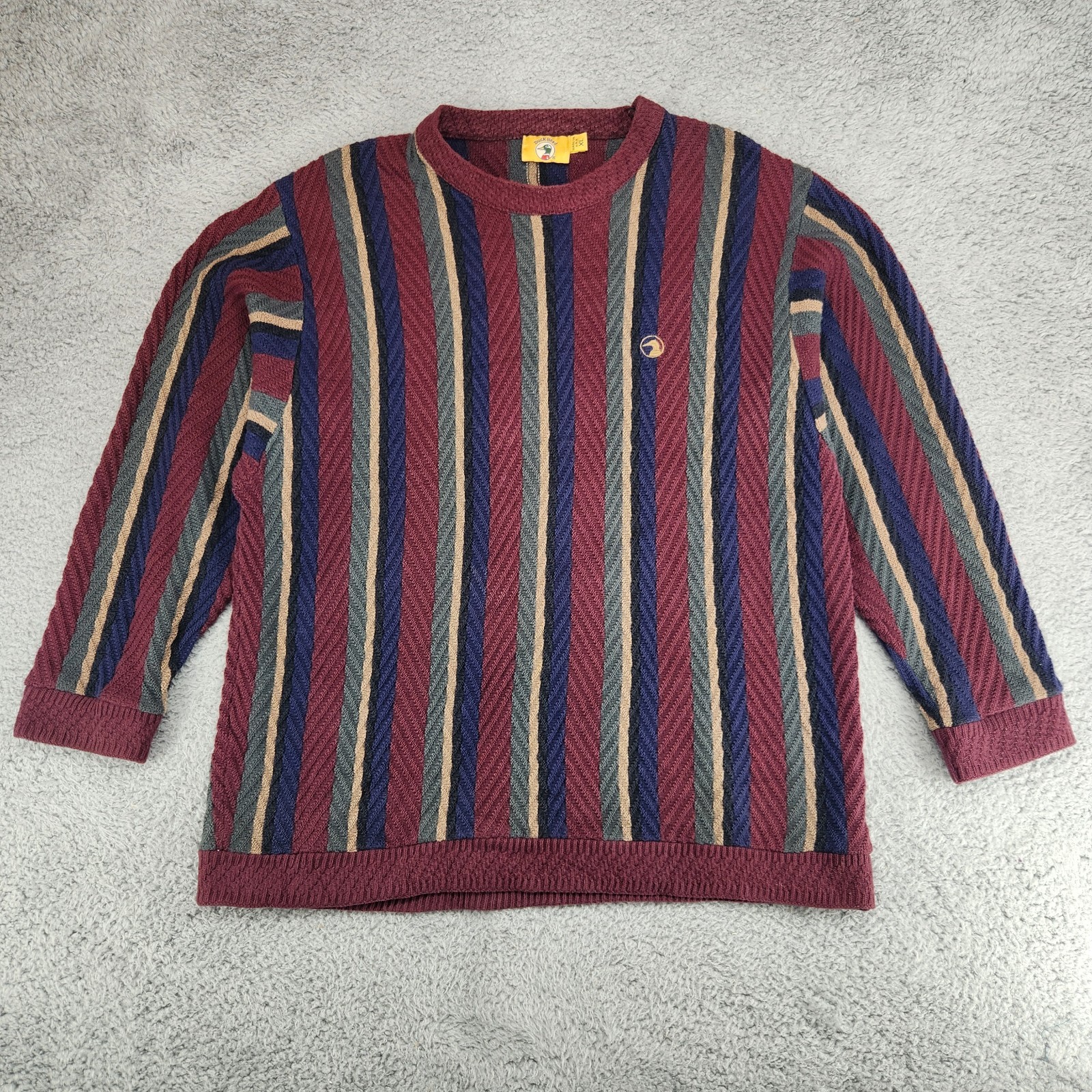Suéter tejido cabeza de pato vintage para hombre XL rayas veéticas hecho en EE. UU.