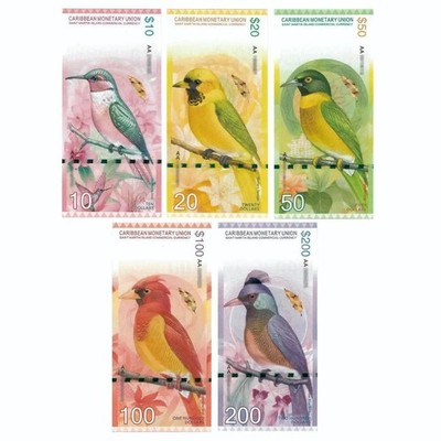 5PCS Eastern Caribbean $10-200 Polymer Note Throated Carib Hummingbird Banknotes