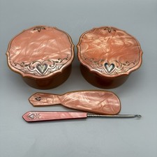VTG 4 pc Celluloid Ladies Art Deco Vanity Set Peach Color 2 Jars Boot Horn /hook