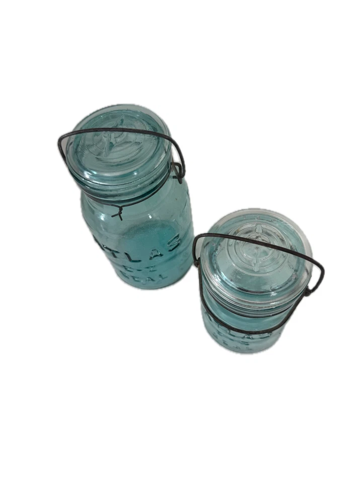 Juego de 2 frascos de albañil Atlas E-Z Seal - vidrio azul agua con tapas de fianza de alambre Foto 3 de 4