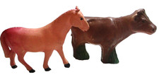 ANTIQUE, VINTAGE CELLULOID TOY HORSE AND PLASTIC COW, FARM ANIMALS
