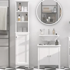 Bathroom Cabinet Cupboard Shelving Storage Unit w/ Door & 6 Shelves