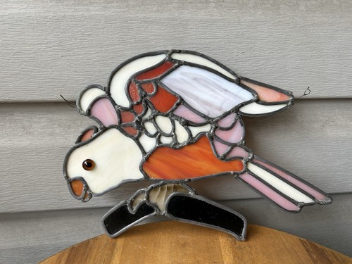 Vintage Cockatoo Parrot Bird On Perch Stained Glass Artisan Made Suncatcher 10"