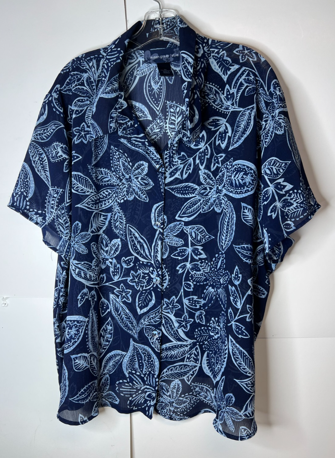 Susan Graver Style Women's 3X Navy Sheer Blouse Blue Floral Button Down