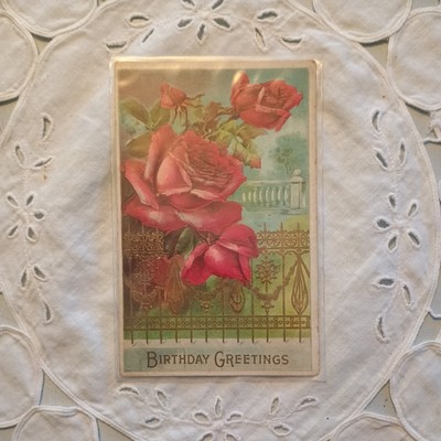 Birthday Greetings Vintage Postcard Red Roses wrought iron gate marble handrail