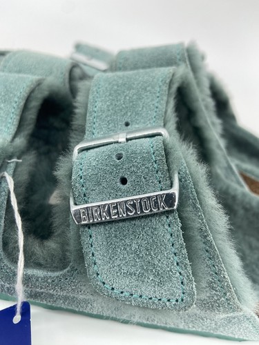 Birkenstock Sandals Shoes Women 38 US 7.5 Green Arizona Shearling Fur Big Buckle - Picture 8 of 9