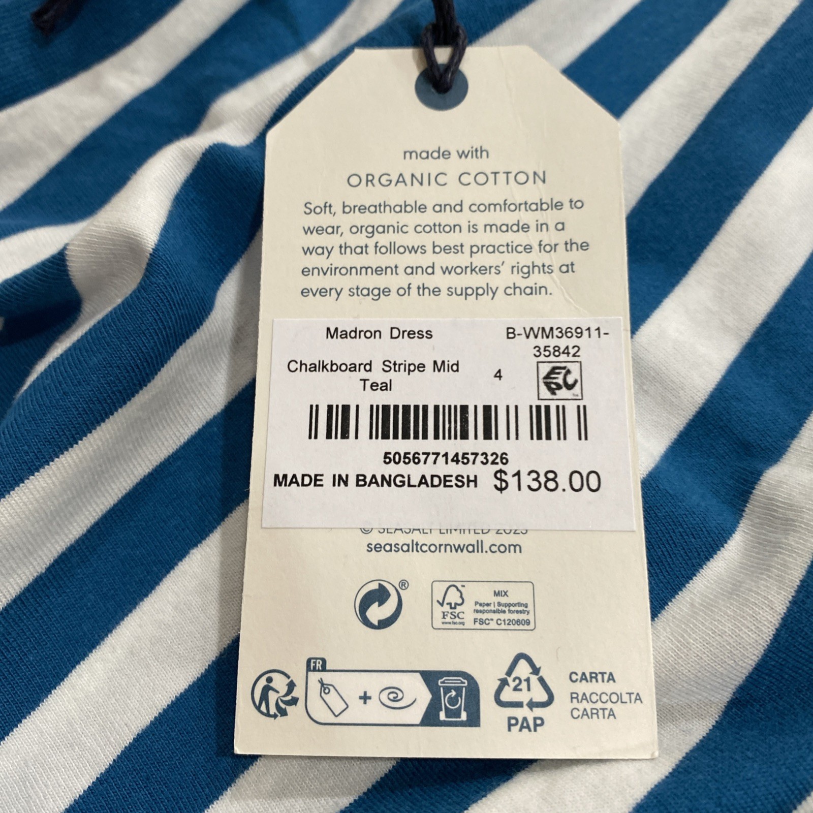 Seasalt Cornwall Madron Stripe T-Shirt Dress Teal Size 4 image 2
