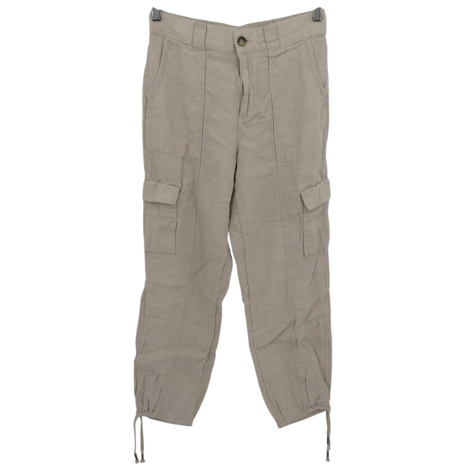 C&C California Women Large L Solid Beige All Linen Cargo Joggers Pants Pockets