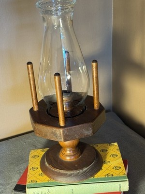 Vintage Hurricane Wooden Pedestal Candle Holder With Glass Chimney Rustic 70 s