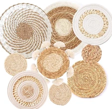 9 Pack Boho Woven Wall Basket Set Seagrass Rattan Round Farmhouse Decor