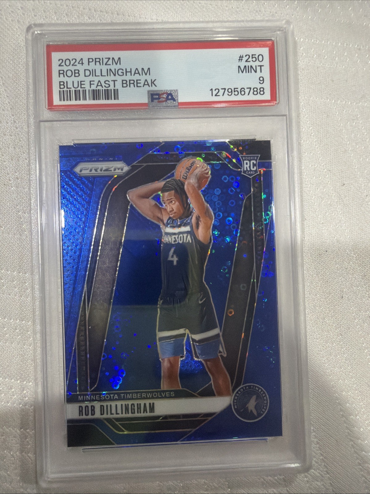 2024-25 Prizm #250 Rob Dillingham Fast Break Blue Disco Rookie RC #/150 PSA 9