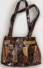 12" X 8" Boho Patchwork Brown Tan Leather  PVC Zip Purse Shoulder Bag 70s 80s