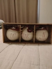 Set of 3 Rae Dunn Ceramic Tree Ornaments Eat Drink Be Merry by Magenta In Box 
