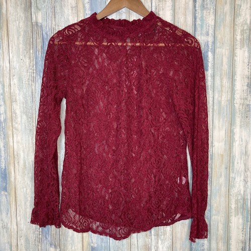 Allegra K Long Sleeve XS Shirt Mock Neck Sheer Floral Lace Top Fairycore Goth